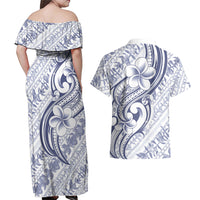 Hawaii Plumeria Lokelani Pikake Lei Couples Matching Off Shoulder Maxi Dress and Hawaiian Shirt Navy Blue Polynesian Tattoo