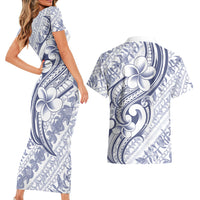 Hawaii Plumeria Lokelani Pikake Lei Couples Matching Short Sleeve Bodycon Dress and Hawaiian Shirt Navy Blue Polynesian Tattoo