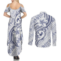 Hawaii Plumeria Lokelani Pikake Lei Couples Matching Summer Maxi Dress and Long Sleeve Button Shirt Navy Blue Polynesian Tattoo