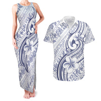 Hawaii Plumeria Lokelani Pikake Lei Couples Matching Tank Maxi Dress and Hawaiian Shirt Navy Blue Polynesian Tattoo