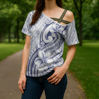 Hawaii Plumeria Lokelani Pikake Lei Cross Shoulder Shirt Navy Blue Polynesian Tattoo