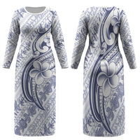 Hawaii Plumeria Lokelani Pikake Lei Family Matching Long Sleeve Bodycon Dress and Hawaiian Shirt Navy Blue Polynesian Tattoo LT9 Mom's Dress Navy Blue - Polynesian Pride