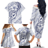 Hawaii Plumeria Lokelani Pikake Lei Family Matching Off The Shoulder Long Sleeve Dress and Hawaiian Shirt Navy Blue Polynesian Tattoo