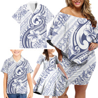 Hawaii Plumeria Lokelani Pikake Lei Family Matching Off Shoulder Short Dress and Hawaiian Shirt Navy Blue Polynesian Tattoo