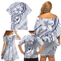 Hawaii Plumeria Lokelani Pikake Lei Family Matching Off Shoulder Short Dress and Hawaiian Shirt Navy Blue Polynesian Tattoo