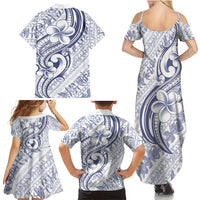 Hawaii Plumeria Lokelani Pikake Lei Family Matching Summer Maxi Dress and Hawaiian Shirt Navy Blue Polynesian Tattoo