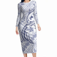 Hawaii Plumeria Lokelani Pikake Lei Long Sleeve Bodycon Dress Navy Blue Polynesian Tattoo LT9 Long Dress Navy Blue - Polynesian Pride