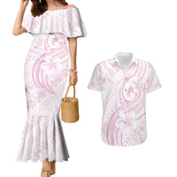 Hawaii Plumeria Lokelani Pikake Lei Couples Matching Mermaid Dress and Hawaiian Shirt Poni Mama Polynesian Tattoo