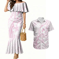 Hawaii Plumeria Lokelani Pikake Lei Couples Matching Mermaid Dress and Hawaiian Shirt Poni Mama Polynesian Tattoo LT9 Pink - Polynesian Pride