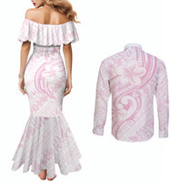 Hawaii Plumeria Lokelani Pikake Lei Couples Matching Mermaid Dress and Long Sleeve Button Shirt Poni Mama Polynesian Tattoo