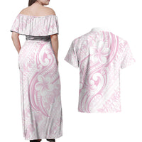 Hawaii Plumeria Lokelani Pikake Lei Couples Matching Off Shoulder Maxi Dress and Hawaiian Shirt Poni Mama Polynesian Tattoo