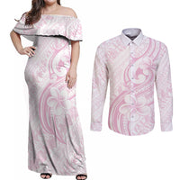 Hawaii Plumeria Lokelani Pikake Lei Couples Matching Off Shoulder Maxi Dress and Long Sleeve Button Shirt Poni Mama Polynesian Tattoo