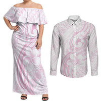 Hawaii Plumeria Lokelani Pikake Lei Couples Matching Off Shoulder Maxi Dress and Long Sleeve Button Shirt Poni Mama Polynesian Tattoo LT9 Pink - Polynesian Pride