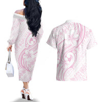 Hawaii Plumeria Lokelani Pikake Lei Couples Matching Off The Shoulder Long Sleeve Dress and Hawaiian Shirt Poni Mama Polynesian Tattoo