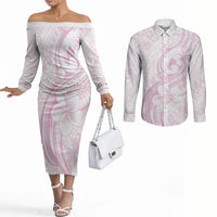 Hawaii Plumeria Lokelani Pikake Lei Couples Matching Off The Shoulder Long Sleeve Dress and Long Sleeve Button Shirt Poni Mama Polynesian Tattoo LT9 Pink - Polynesian Pride