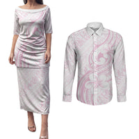 Hawaii Plumeria Lokelani Pikake Lei Couples Matching Puletasi and Long Sleeve Button Shirt Poni Mama Polynesian Tattoo LT9 Pink - Polynesian Pride