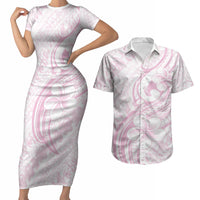 Hawaii Plumeria Lokelani Pikake Lei Couples Matching Short Sleeve Bodycon Dress and Hawaiian Shirt Poni Mama Polynesian Tattoo LT9 Pink - Polynesian Pride