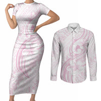 Hawaii Plumeria Lokelani Pikake Lei Couples Matching Short Sleeve Bodycon Dress and Long Sleeve Button Shirt Poni Mama Polynesian Tattoo LT9 Pink - Polynesian Pride