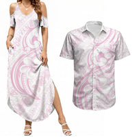 Hawaii Plumeria Lokelani Pikake Lei Couples Matching Summer Maxi Dress and Hawaiian Shirt Poni Mama Polynesian Tattoo LT9 Pink - Polynesian Pride