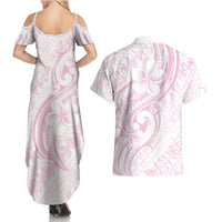 Hawaii Plumeria Lokelani Pikake Lei Couples Matching Summer Maxi Dress and Hawaiian Shirt Poni Mama Polynesian Tattoo