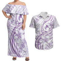 Hawaii Plumeria Lokelani Pikake Lei Couples Matching Off Shoulder Maxi Dress and Hawaiian Shirt Poni Polynesian Tattoo LT9 Purple - Polynesian Pride