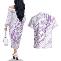 Hawaii Plumeria Lokelani Pikake Lei Couples Matching Off The Shoulder Long Sleeve Dress and Hawaiian Shirt Poni Polynesian Tattoo