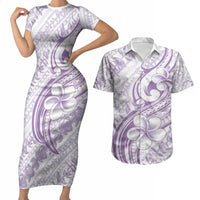 Hawaii Plumeria Lokelani Pikake Lei Couples Matching Short Sleeve Bodycon Dress and Hawaiian Shirt Poni Polynesian Tattoo LT9 Purple - Polynesian Pride