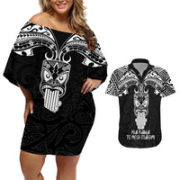 New Zealand Te Reo Maori Couples Matching Off Shoulder Short Dress and Hawaiian Shirt Kia Kaha Maori Language Week Black Style LT9 Black - Polynesian Pride