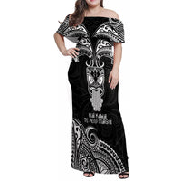New Zealand Te Reo Maori Family Matching Off Shoulder Maxi Dress and Hawaiian Shirt Kia Kaha Maori Language Week Black Style LT9 Mom's Dress Black - Polynesian Pride