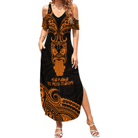 Personalised New Zealand Te Reo Maori Family Matching Summer Maxi Dress and Hawaiian Shirt Kia Kaha Maori Language Week Gold Style LT9 Mom's Dress Gold - Polynesian Pride