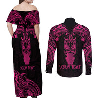 Personalised New Zealand Te Reo Maori Couples Matching Off Shoulder Maxi Dress and Long Sleeve Button Shirts Kia Kaha Maori Language Week Pink Style LT9 - Polynesian Pride