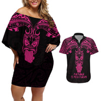 Personalised New Zealand Te Reo Maori Couples Matching Off Shoulder Short Dress and Hawaiian Shirt Kia Kaha Maori Language Week Pink Style LT9 Pink - Polynesian Pride