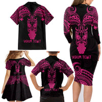 Personalised New Zealand Te Reo Maori Family Matching Long Sleeve Bodycon Dress and Hawaiian Shirt Kia Kaha Maori Language Week Pink Style LT9 - Polynesian Pride