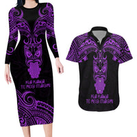 Personalised New Zealand Te Reo Maori Couples Matching Long Sleeve Bodycon Dress and Hawaiian Shirt Kia Kaha Maori Language Week Purple Style LT9 Purple - Polynesian Pride
