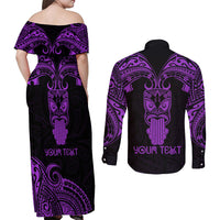 Personalised New Zealand Te Reo Maori Couples Matching Off Shoulder Maxi Dress and Long Sleeve Button Shirts Kia Kaha Maori Language Week Purple Style LT9 - Polynesian Pride