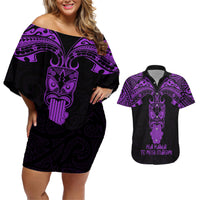 Personalised New Zealand Te Reo Maori Couples Matching Off Shoulder Short Dress and Hawaiian Shirt Kia Kaha Maori Language Week Purple Style LT9 Purple - Polynesian Pride