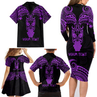 Personalised New Zealand Te Reo Maori Family Matching Long Sleeve Bodycon Dress and Hawaiian Shirt Kia Kaha Maori Language Week Purple Style LT9 - Polynesian Pride