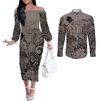 Beauty and The Warrior Polynesian Valentine Couples Matching Off The Shoulder Long Sleeve Dress and Long Sleeve Button Shirt Hibiscus FLowers Brown Style LT9 Brown - Polynesian Pride