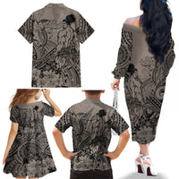 Beauty and The Warrior Polynesian Valentine Family Matching Off Shoulder Long Sleeve Dress and Hawaiian Shirt Hibiscus FLowers Brown Style LT9 - Polynesian Pride