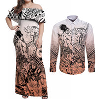 Beauty and The Warrior Polynesian Valentine Couples Matching Off Shoulder Maxi Dress and Long Sleeve Button Shirt Hibiscus FLowers Orange Style LT9 Orange - Polynesian Pride