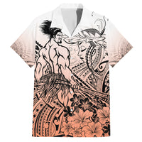 Beauty and The Warrior Polynesian Valentine Family Matching Short Sleeve Bodycon Dress and Hawaiian Shirt Hibiscus FLowers Orange Style LT9 Dad's Shirt - Short Sleeve Orange - Polynesian Pride