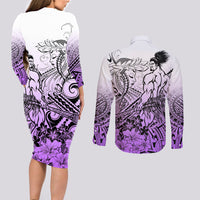 Beauty and The Warrior Polynesian Valentine Couples Matching Long Sleeve Bodycon Dress and Long Sleeve Button Shirt Hibiscus FLowers Purple Style LT9 - Polynesian Pride