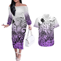 Beauty and The Warrior Polynesian Valentine Couples Matching Off The Shoulder Long Sleeve Dress and Hawaiian Shirt Hibiscus FLowers Purple Style LT9 Purple - Polynesian Pride