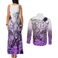Beauty and The Warrior Polynesian Valentine Couples Matching Tank Maxi Dress and Long Sleeve Button Shirt Hibiscus FLowers Purple Style LT9 - Polynesian Pride
