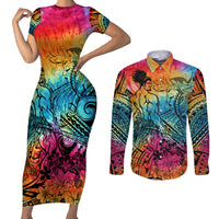 Beauty and The Warrior Polynesian Valentine Couples Matching Short Sleeve Bodycon Dress and Long Sleeve Button Shirt Hibiscus FLowers Rainbow Style LT9 Rainbow - Polynesian Pride
