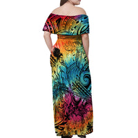 Beauty and The Warrior Polynesian Valentine Off Shoulder Maxi Dress Hibiscus FLowers Rainbow Style LT9 - Polynesian Pride