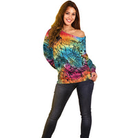 Beauty and The Warrior Polynesian Valentine Off Shoulder Sweater Hibiscus FLowers Rainbow Style LT9 - Polynesian Pride