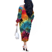 Beauty and The Warrior Polynesian Valentine Off The Shoulder Long Sleeve Dress Hibiscus FLowers Rainbow Style LT9 - Polynesian Pride