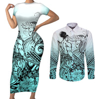 Beauty and The Warrior Polynesian Valentine Couples Matching Short Sleeve Bodycon Dress and Long Sleeve Button Shirt Hibiscus FLowers Turquoise Style LT9 Turquoise - Polynesian Pride