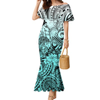 Beauty and The Warrior Polynesian Valentine Family Matching Mermaid Dress and Hawaiian Shirt Hibiscus FLowers Turquoise Style LT9 Mom's Dress Turquoise - Polynesian Pride